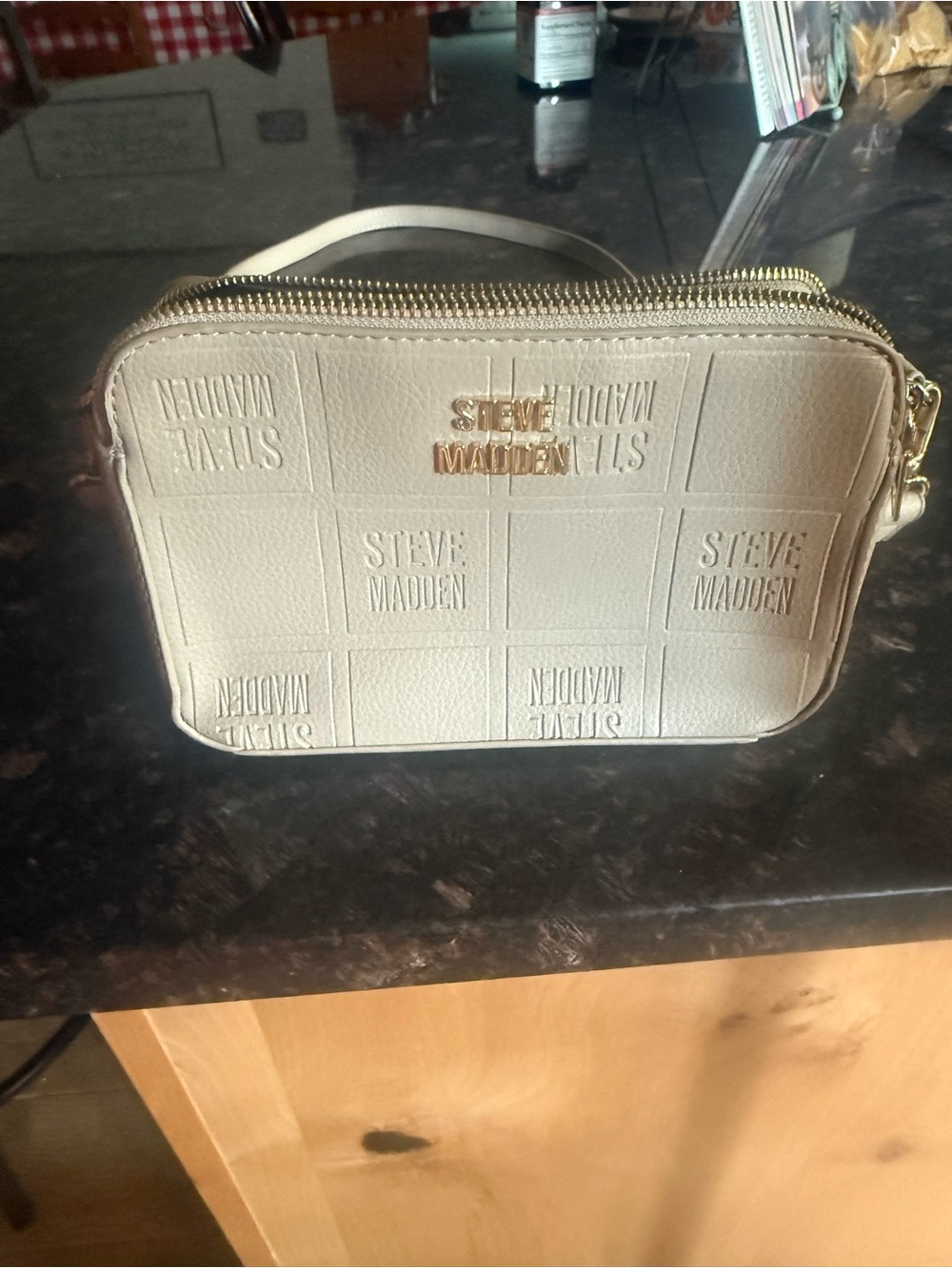 Steve Madden Cream Embossed Logo Crossbody with Gold Hardware